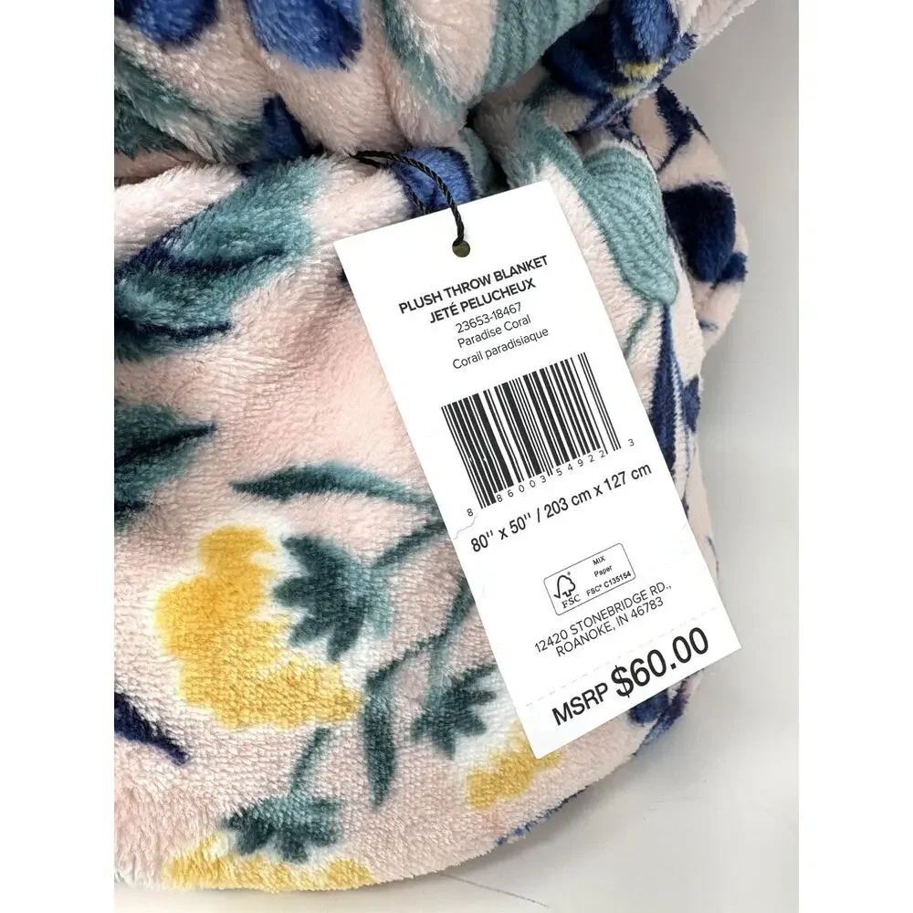 Vera Bradley Paradise Coral Throw Blanket Floral NWT Flowers Garden Light Pink